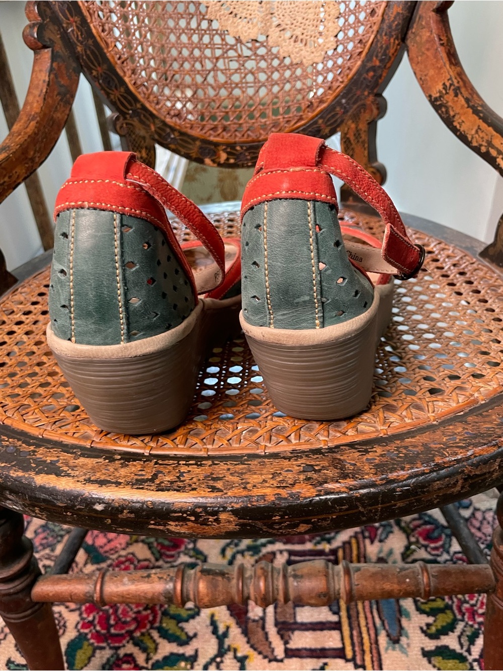 Fly London Two-Tone Green and Red Suede Ankle-Strap Wedge Sandals - Picture 6 of 9